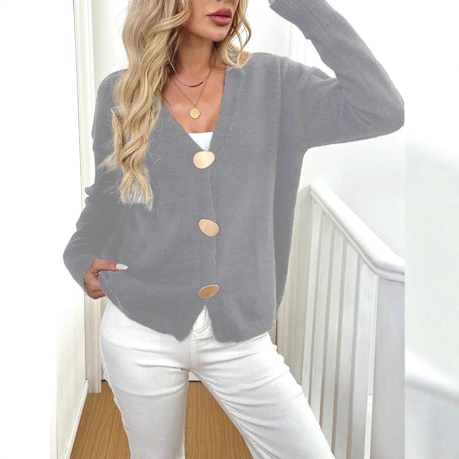 Women's deer plush sweater coat in black or grey with princess sleeves, medium thickness, and street hipster style