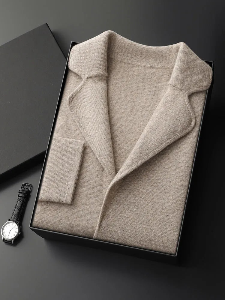Men's loose fit cashmere cardigan knitted jacket in a solid colour on a neutral background