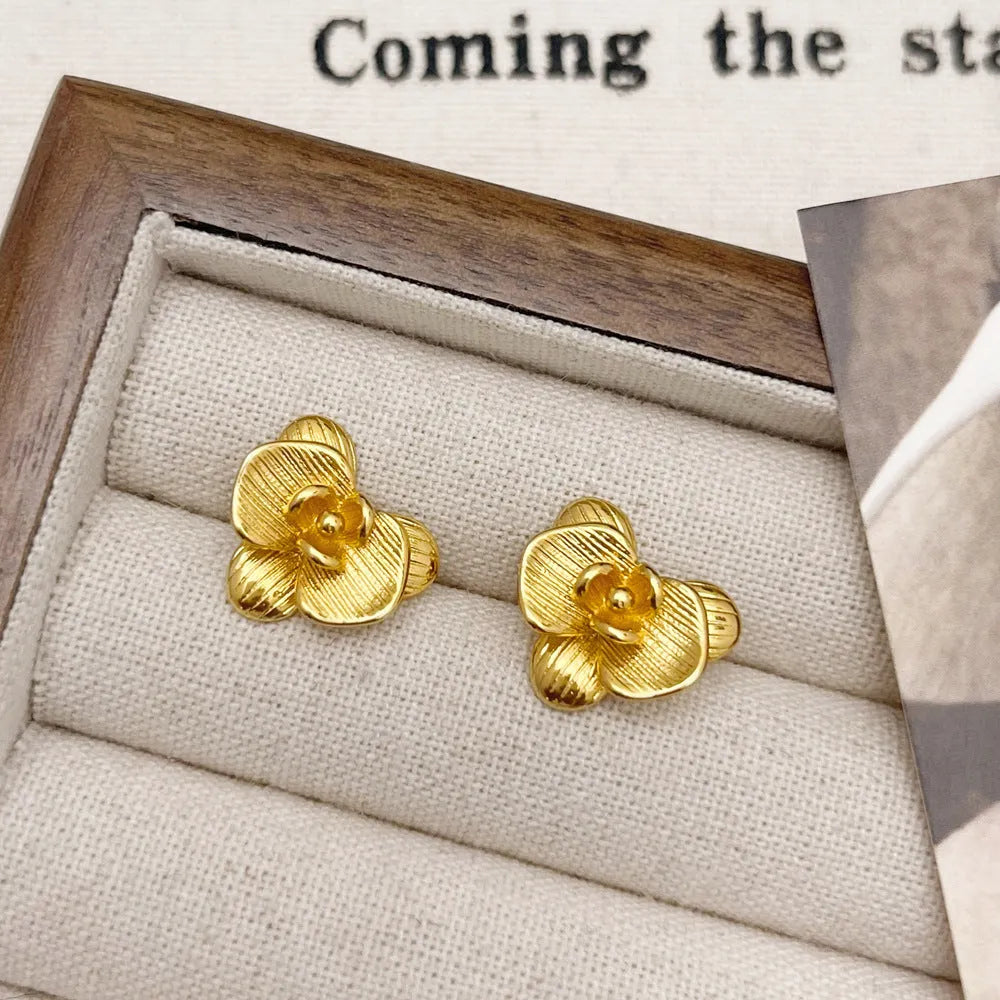 Copper flower earrings with petal design in gold or silver electroplated finish