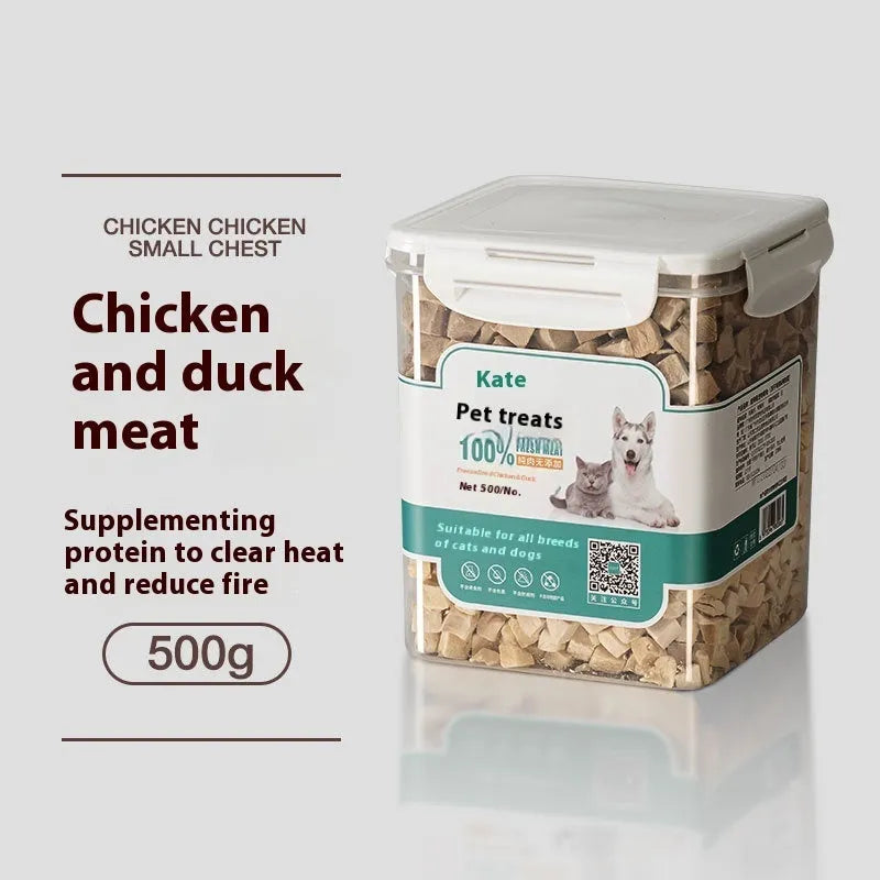 500g chicken freeze-dried cat treats in bagged and barrel packaging formats