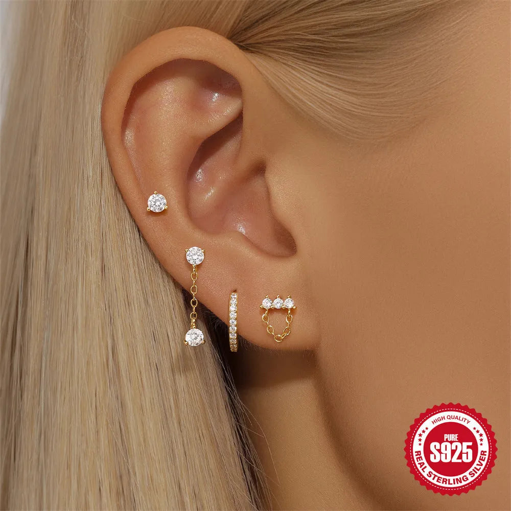 S925 sterling silver geometric clover petal earrings with gold electroplated finish, showing front and side views