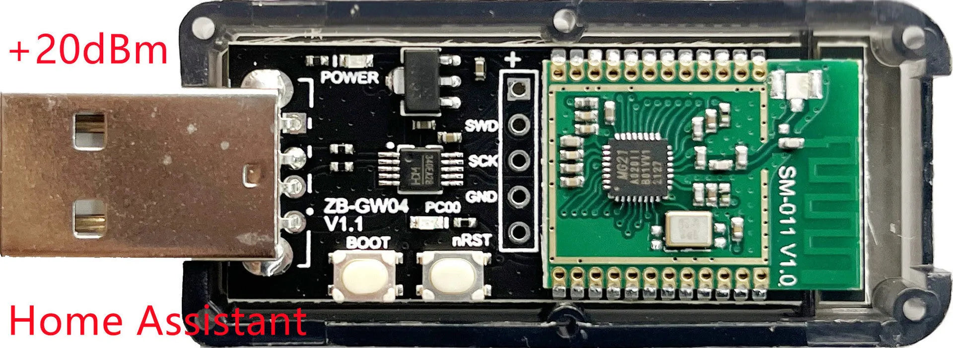 Silicon Labs EFR32MG21 Zigbee USB dongle with plastic shell, PCB antenna, and USB connector for smart home integration
