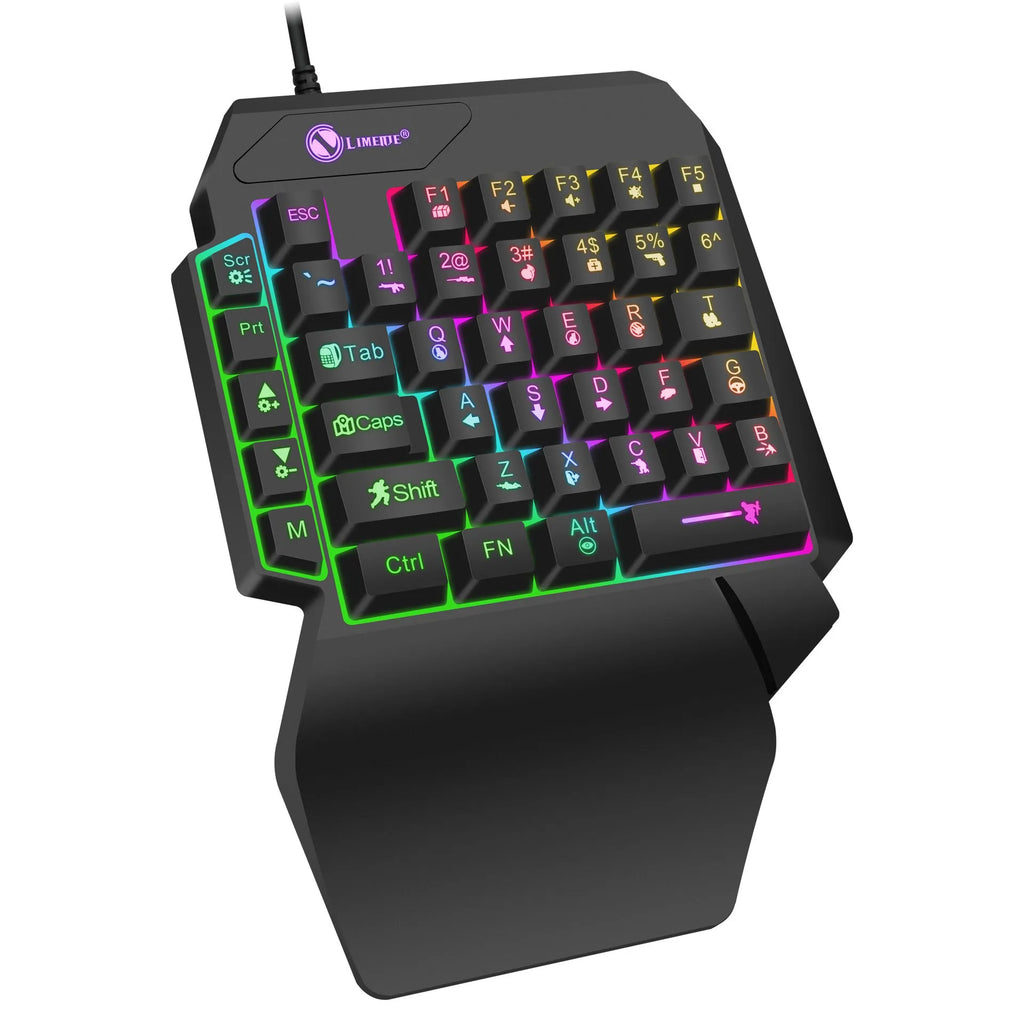 GK103S blue backlit one-handed mechanical gaming keyboard with mouse converter on gaming desk