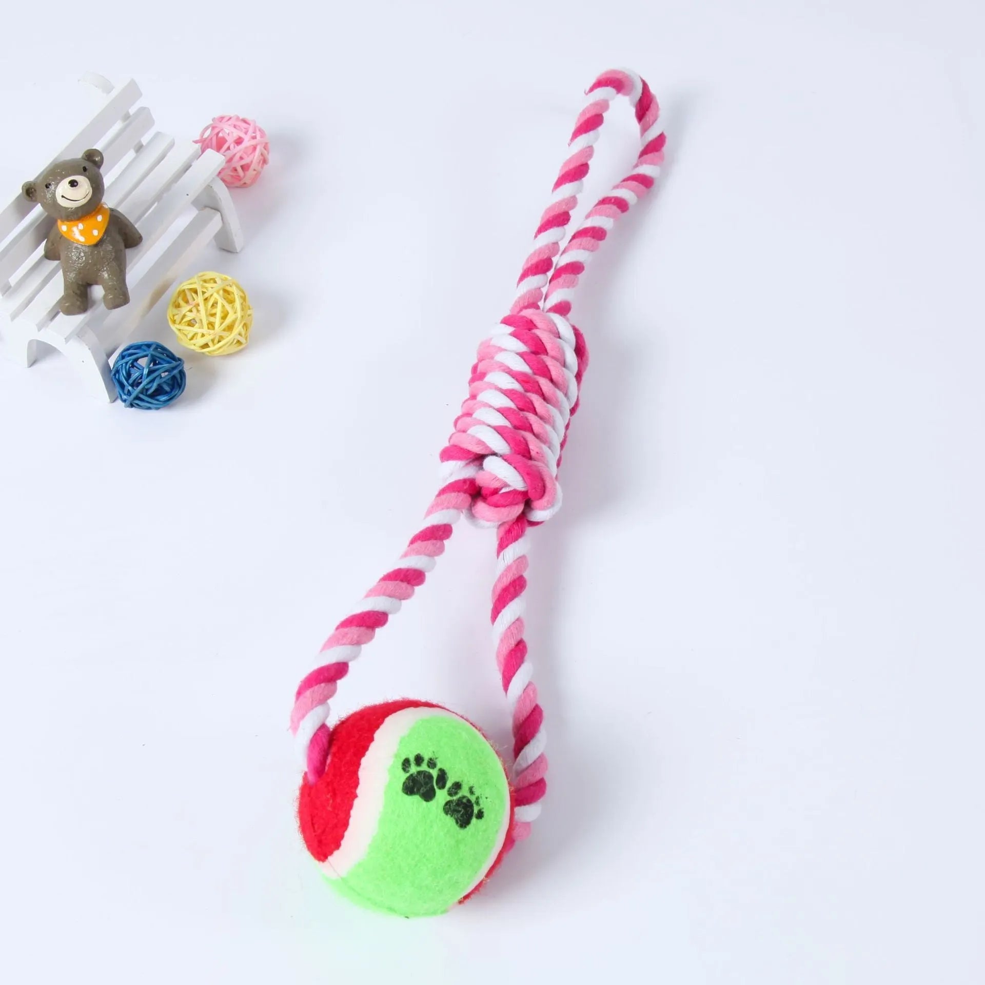 38cm cotton string dog toy in red and white or blue and white colours for medium to large breed dogs