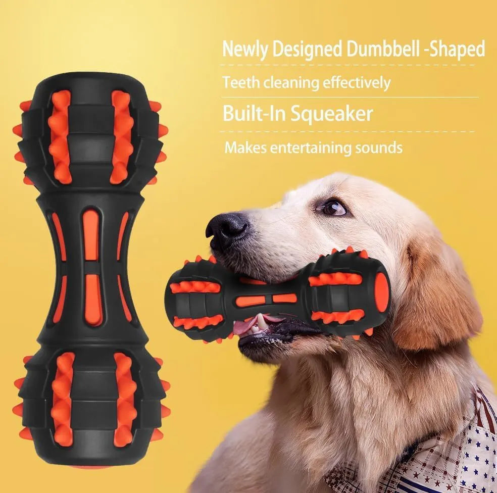 Red dumbbell-shaped dog toy with double-layer rubber construction for aggressive chewers, 175mm length