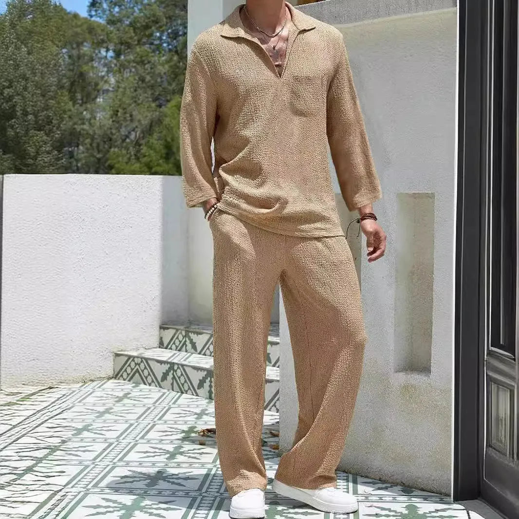 Men's casual shirt trousers commuter suit in lake blue, khaki, black, or caramel colours, sizes M to 3XL, for autumn leisure wear