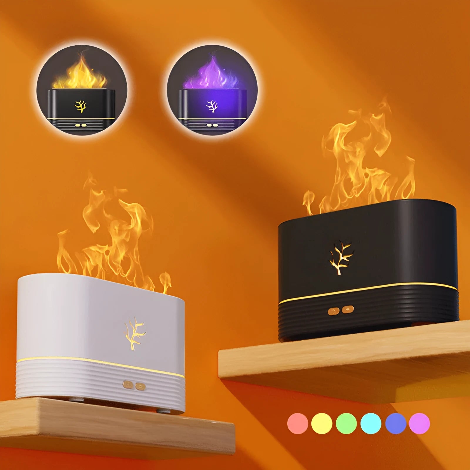 Square black or white USB flame humidifier with LED simulation fire effect and mist output.