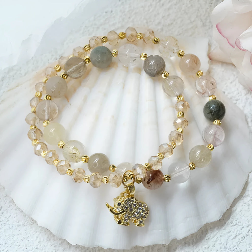 Women's retro bracelet with colour hair crystal and strawberry quartz stones in ethnic design