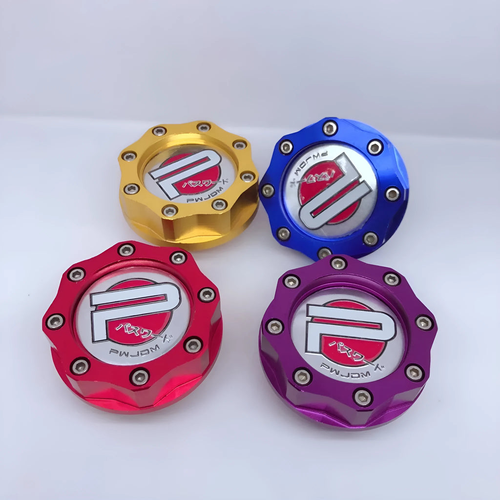 Aluminium alloy fuel tank cap for Honda vehicles in red, blue, gold, and purple colour options