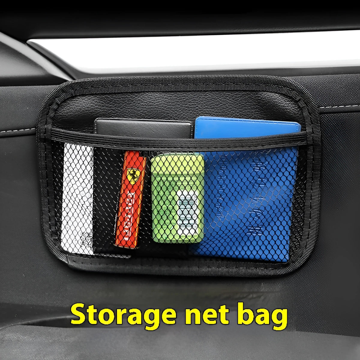 Adhesive polyester mesh storage net pocket in large or small size for car and home paste-on organisation