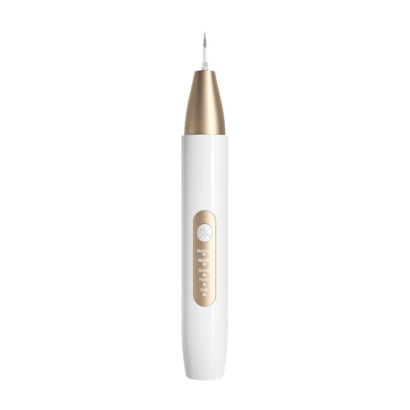 Gold ultrasonic tooth cleaner with three cleaning heads on charging cable next to storage case