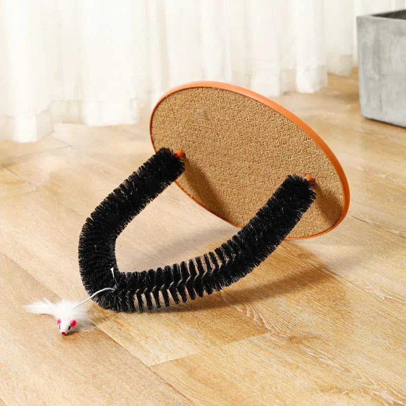 Black arch-shaped cat scratching brush with mouse toy attachment on non-slip base