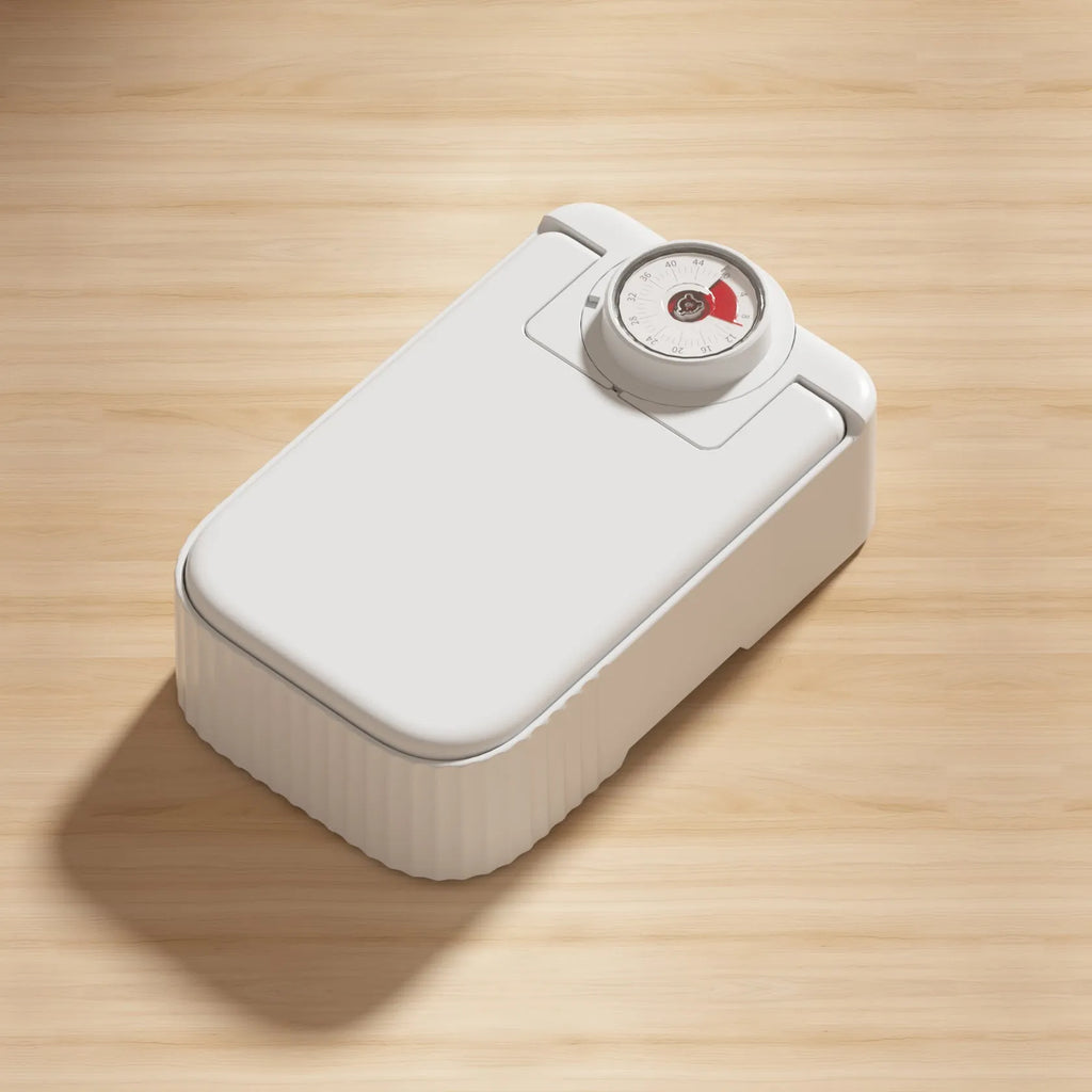 White automated pet feeder with timer display and a removable ice crystal cooling box underneath.