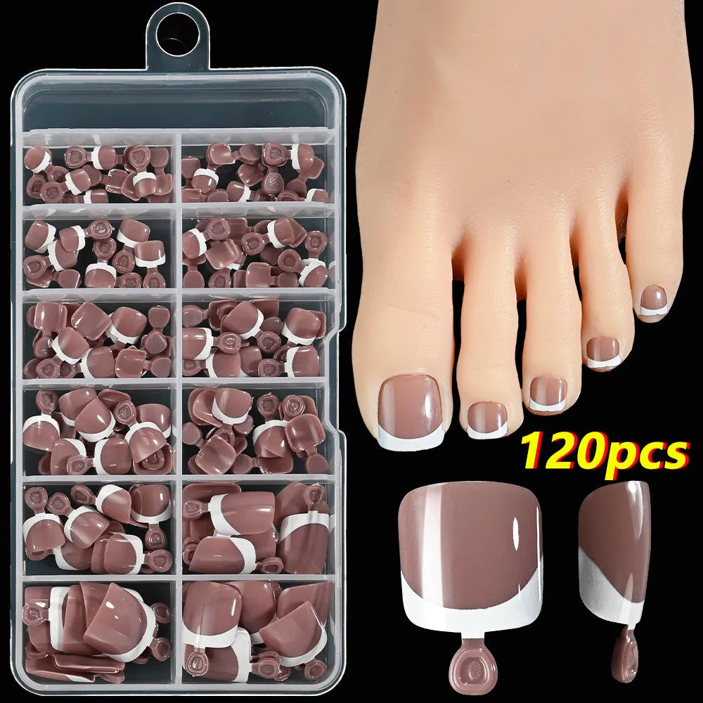 120 French white edge nude square short artificial toe nails in nine natural shades