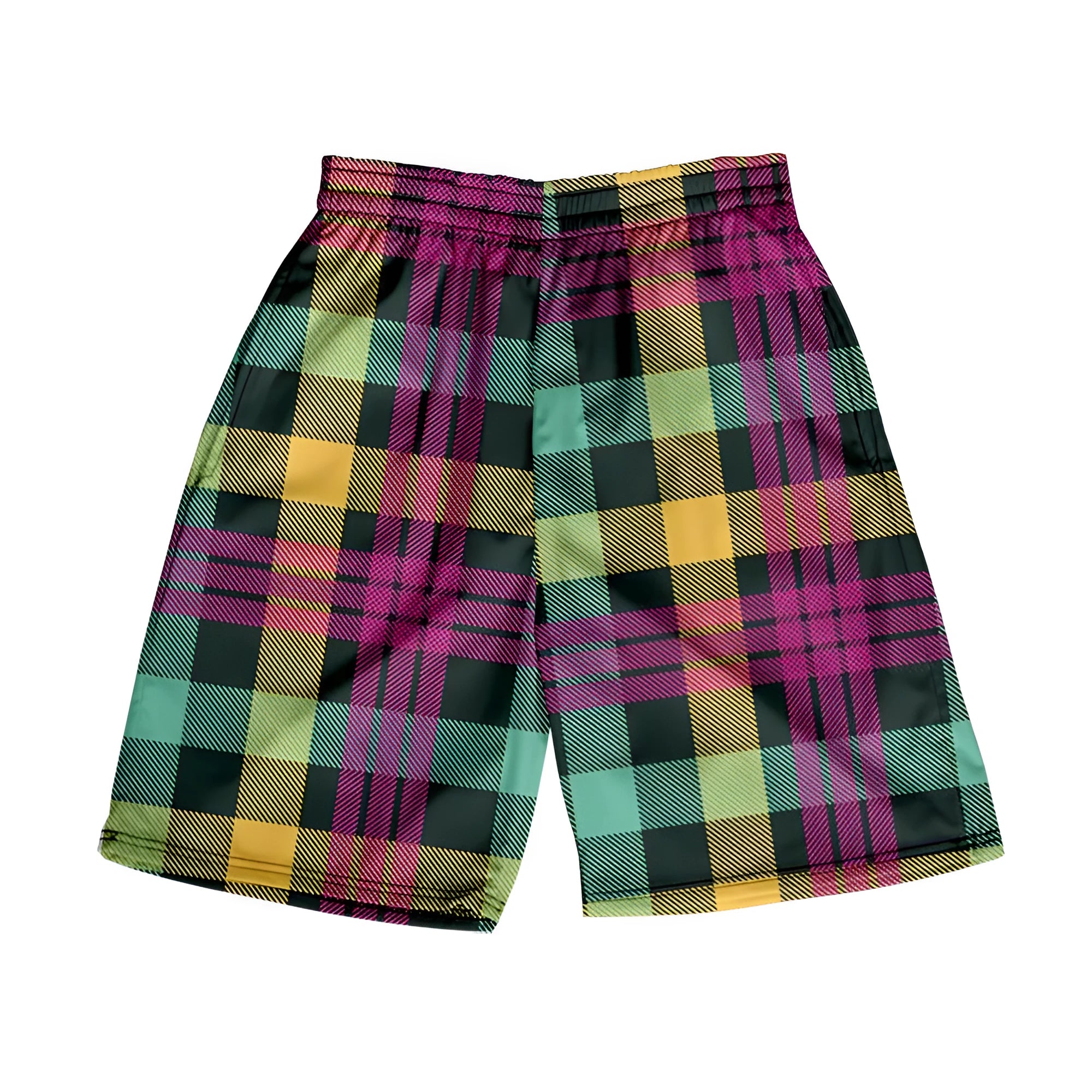 Man wearing grey plaid casual shorts with an elastic waistband, on a beach.