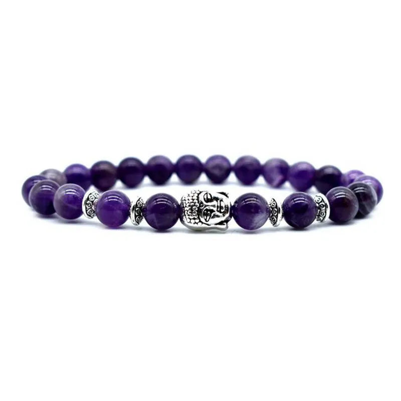 Handcrafted unisex bracelet with 19mm Buddha head beads in amethyst, tiger eye, black agate, pink crystal, and green gold options