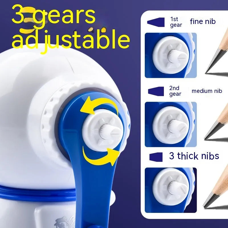 Astronaut-themed manual pencil sharpener in blue or pink with adjustable sharpening settings