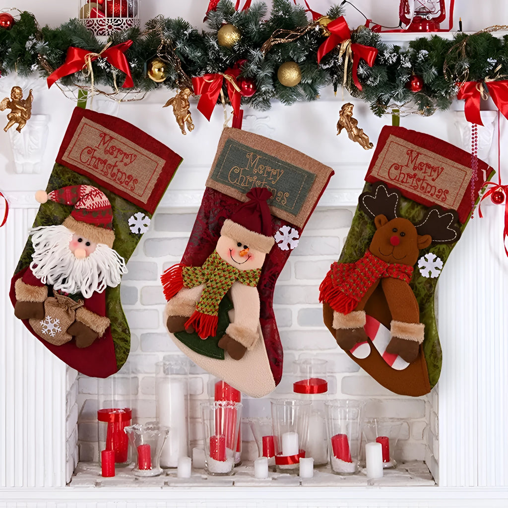 Handmade Christmas stocking decoration with 3D appliqué design on cloth fabric with hanging loop