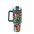 A large stainless steel travel mug with a handle, straw, and Christmas pattern, shown next to its leak-proof lid.