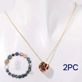 Natural stone beaded necklace and matching bracelet set with adjustable closures on wooden surface
