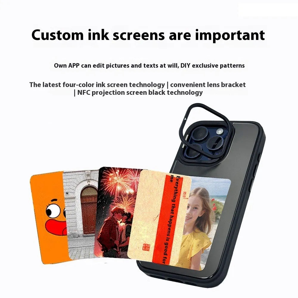 NFC projection screen phone case with four-colour E-ink display and integrated bracket for iPhone.