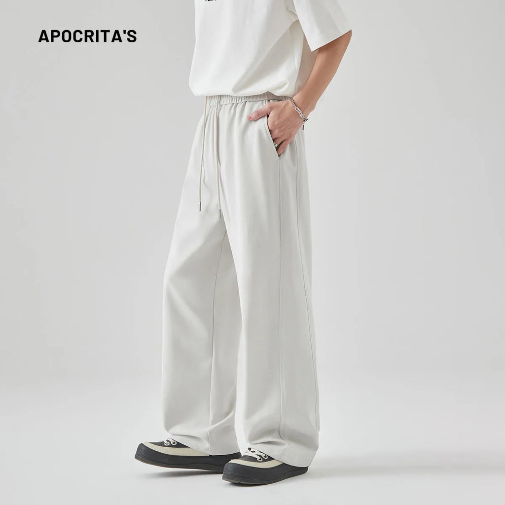 Men's grey cotton blend summer pants with high waist and lace-up closure on straight leg design