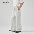 Men's grey cotton blend summer pants with high waist and lace-up closure on straight leg design