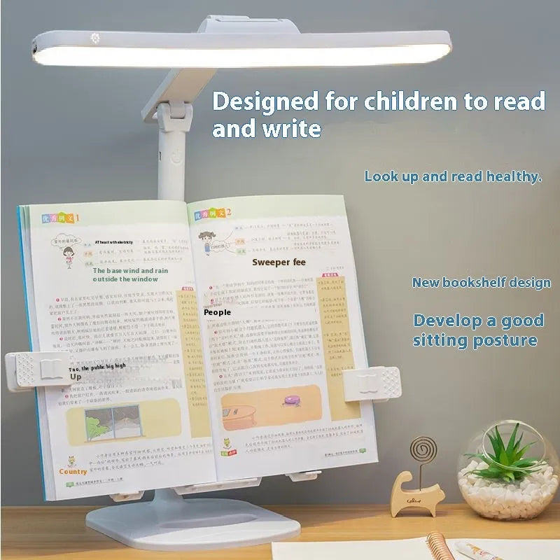 Multifunctional table lamp with adjustable colour temperature and integrated bookshelf on a desk.