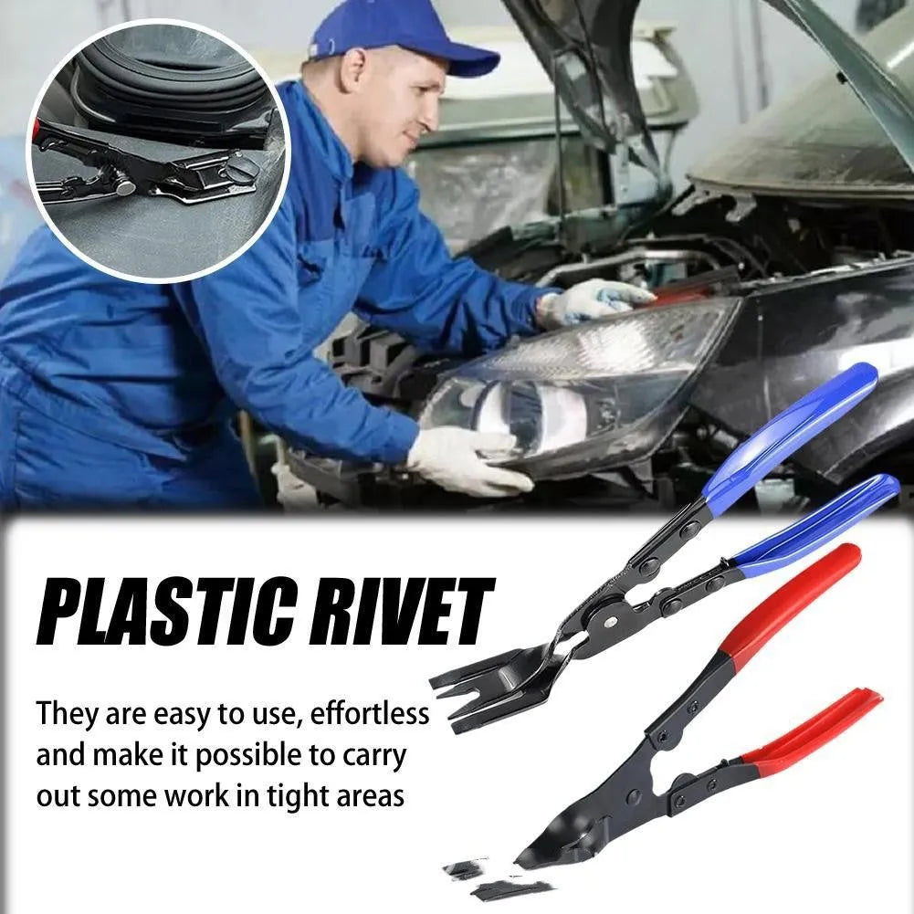 Blue steel car interior clip removal pliers showing 235mm length and 32mm working head