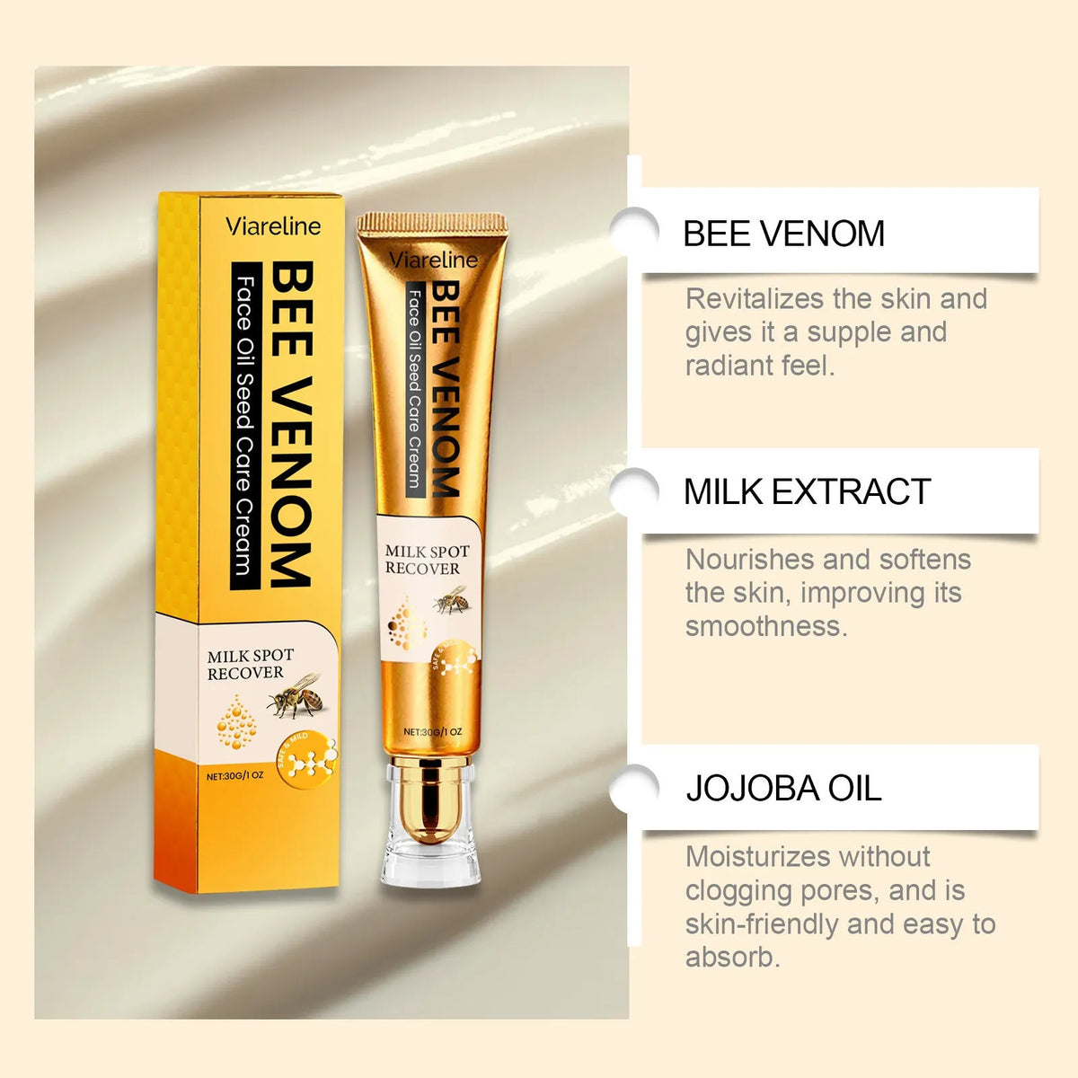 30g jar of facial neck hydrating cream with bee venom and jojoba oil ingredients