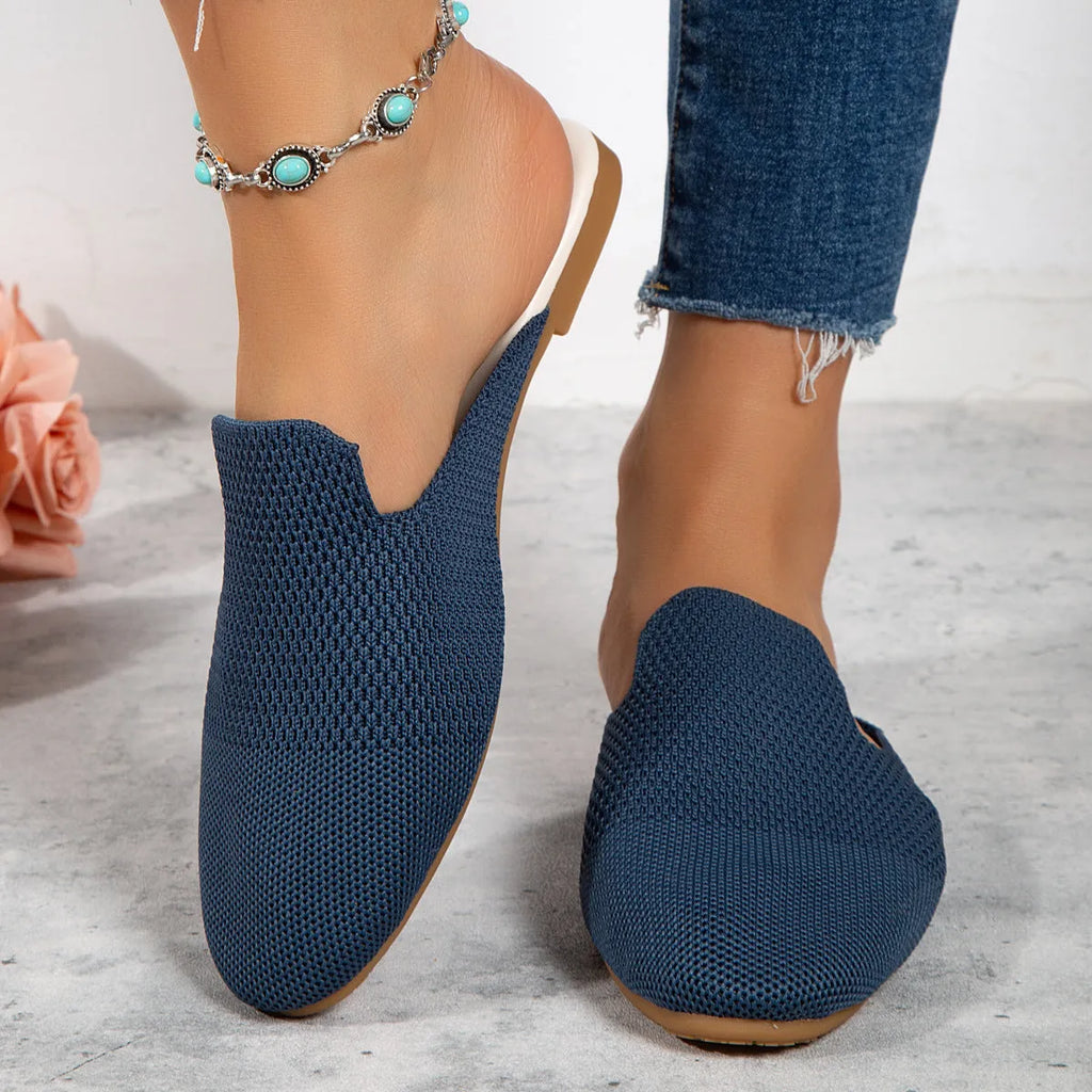 Mesh sandals in apricot colour with cloth upper and rubber sole, showing slip-on flat design for casual wear