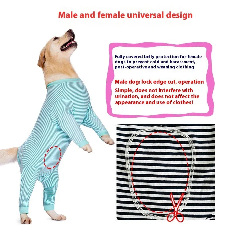 Four-legged dog shirt in striped pattern with sizing from 26 to 38 yards for medium to extra-large breeds