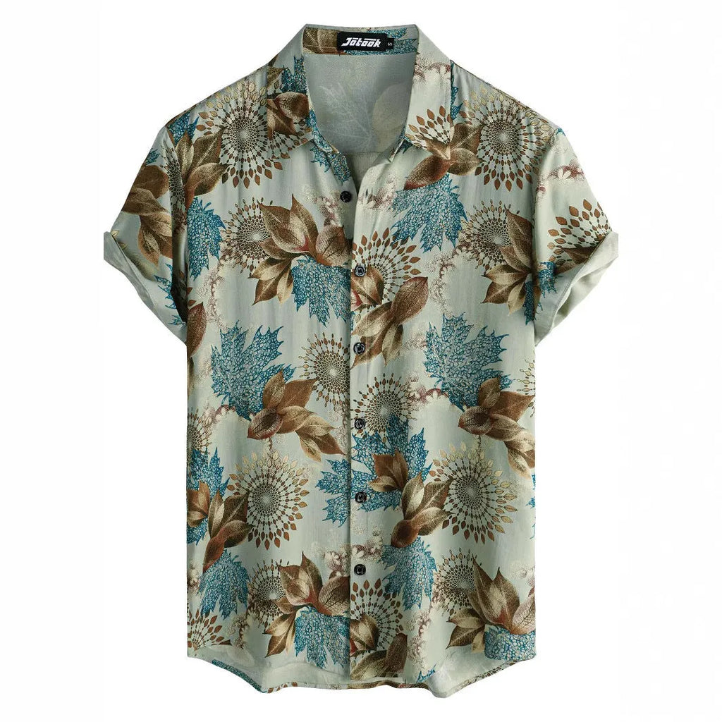 Hawaiian printing lapel short sleeve shirt with floral pattern, elastic fabric, available in multiple colours and sizes for travel wear