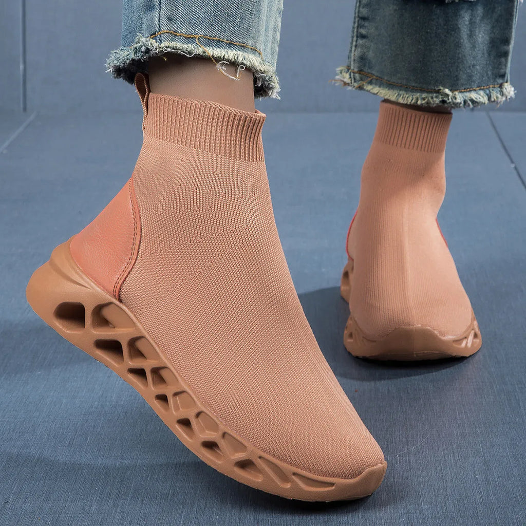 Women's casual sock boot shoes with mesh upper and flat sole in Terracotta Warriors colour