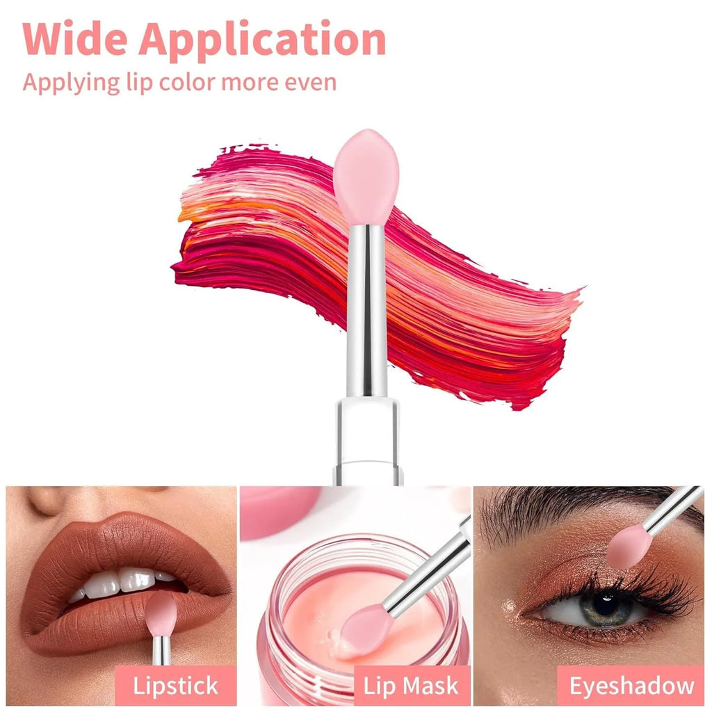 Set of reusable silicone lip brushes with caps in eight different colours on a white background.