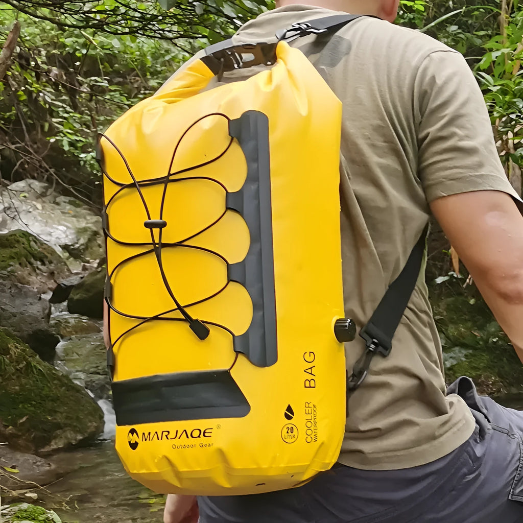 Yellow and black waterproof outdoor backpack with 20L capacity and dry-wet separation compartments.