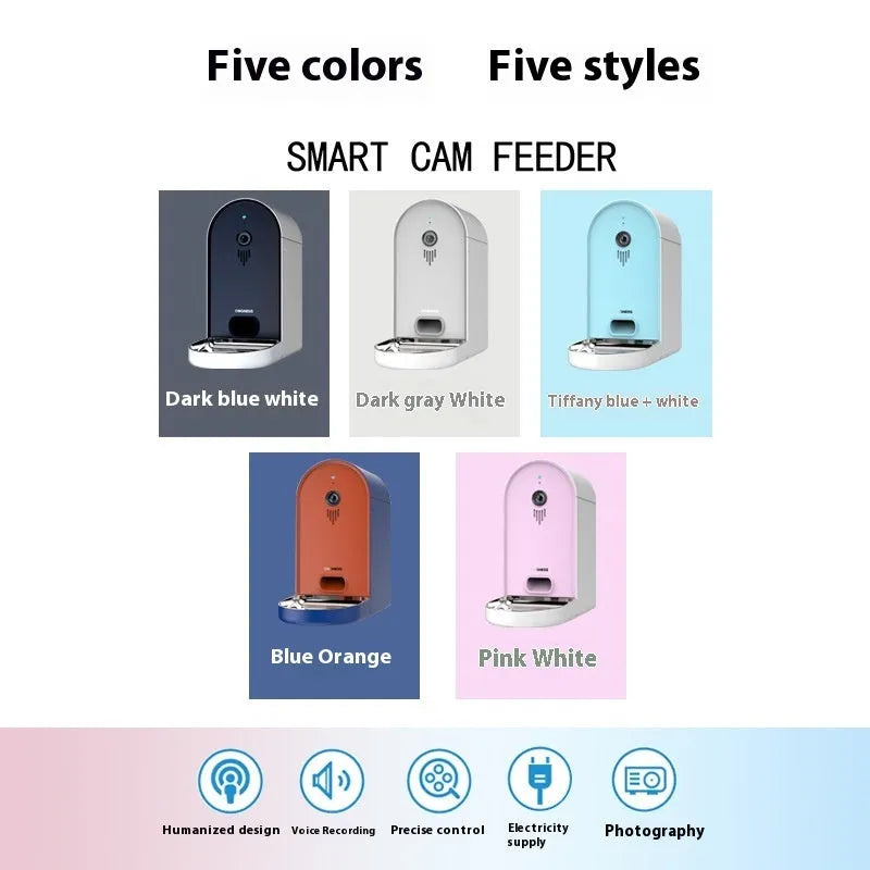 Smart pet feeder in Barbie pink and ivory white with clear food container and app display