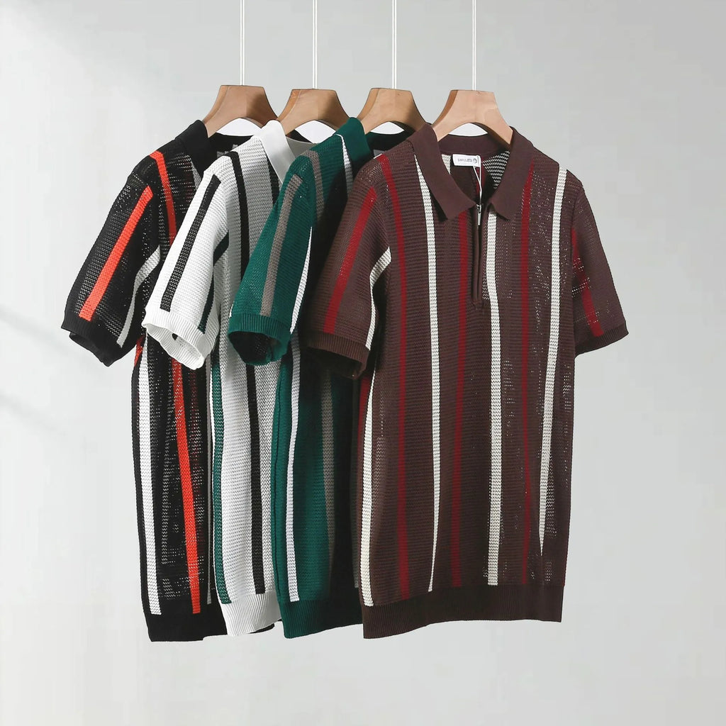 Man wearing a loose-fit black short-sleeved polo shirt with a mesh knit pattern and zipper decoration detail.