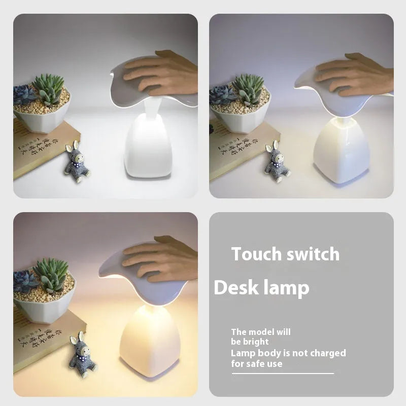 White modern LED desk lamp with touch control and plastic shade for bedside or desk use