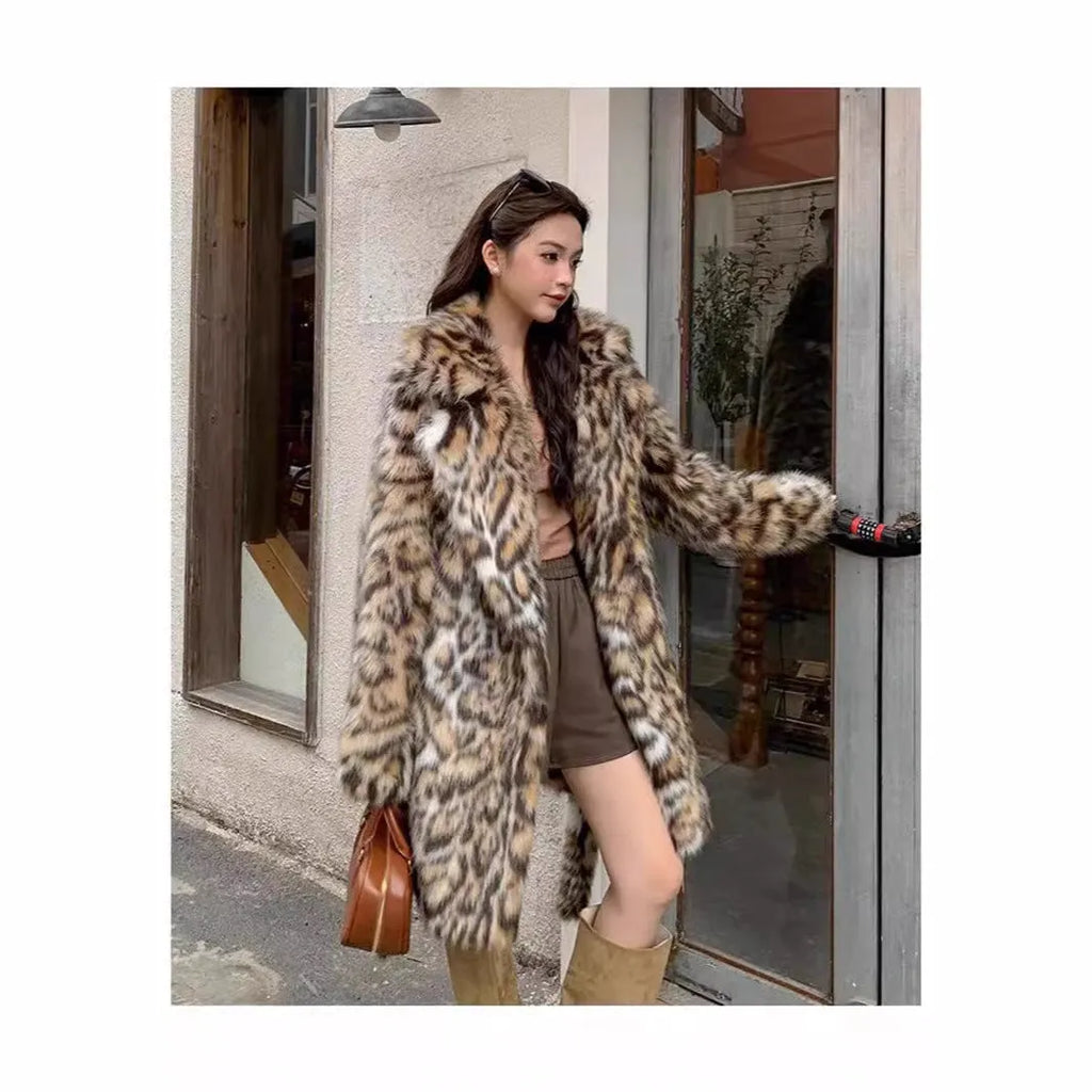 Faux fur coat with fur collar and pockets, shown in street fashion style, length 80cm