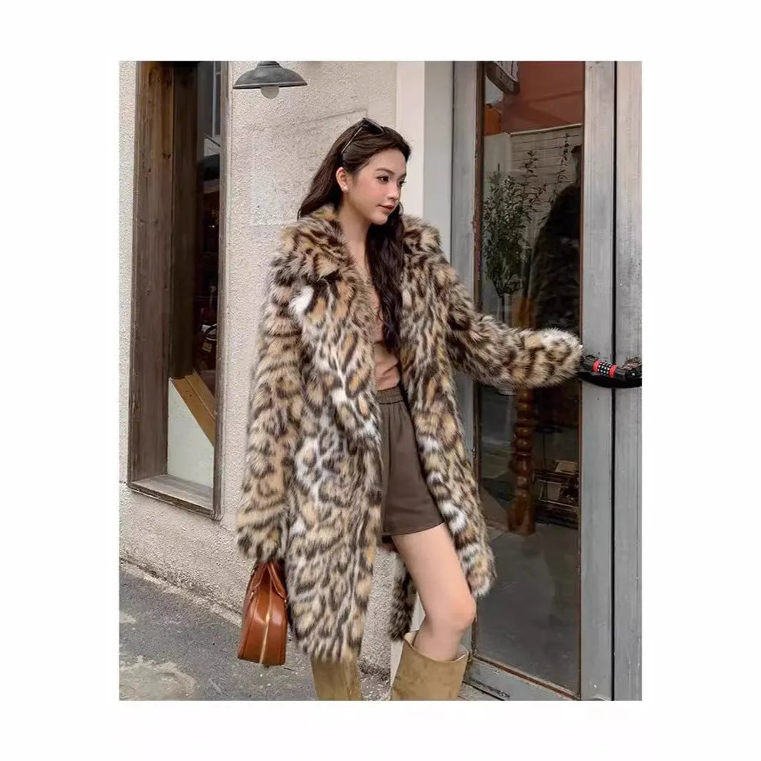 Faux fur coat with fur collar and pockets, shown in street fashion style, length 80cm