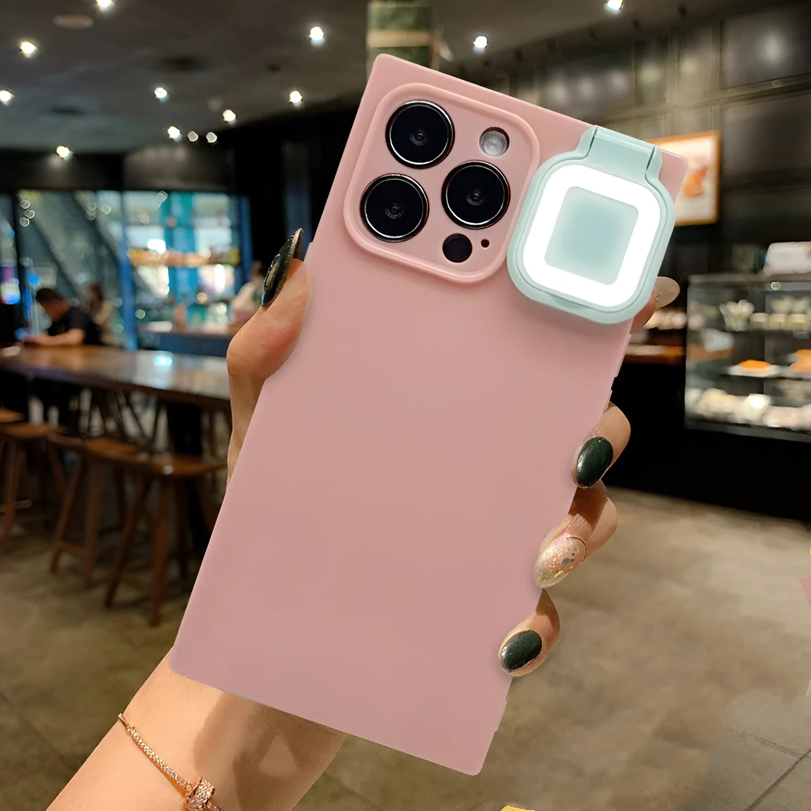 Ring flashing mobile phone case for iPhone 13 with selfie fill light in solid colours.