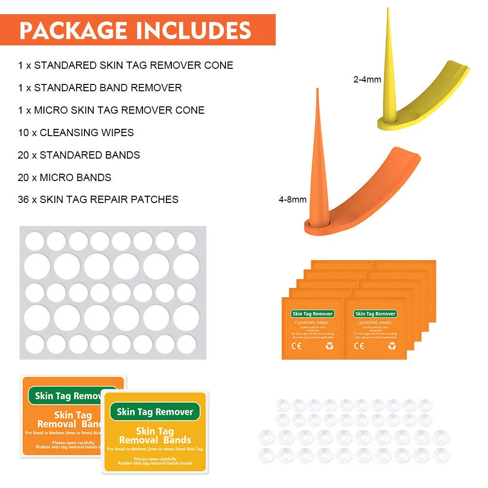 Orange wart removal tool kit with two devices, rubber rings, alcohol swabs and instructions