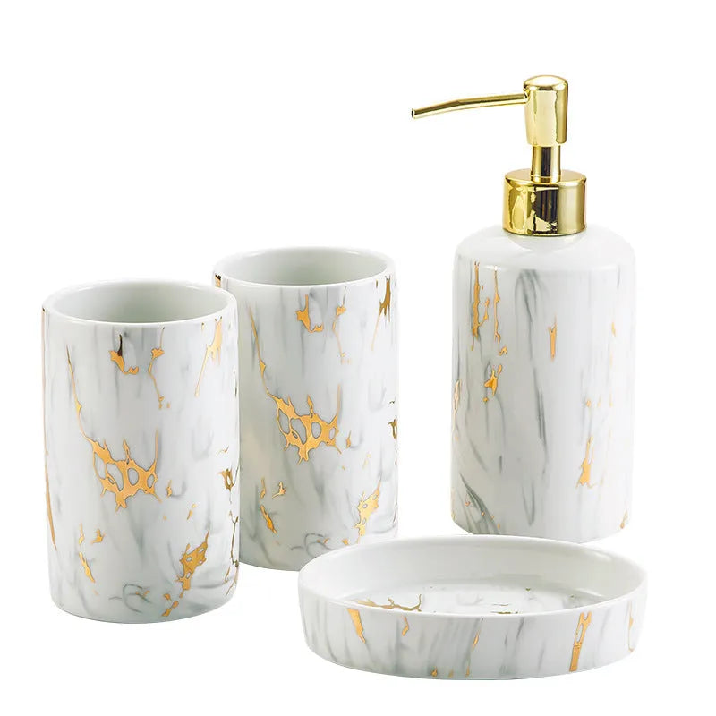 White ceramic bathroom wash kit set with two cups, a soap dish, and a latex bottle in a presentation box.