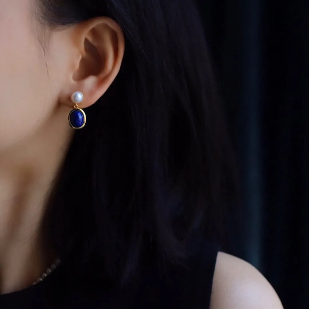 Natural lapis lazuli pearl earrings with 925 silver setting and auspicious pattern detailing