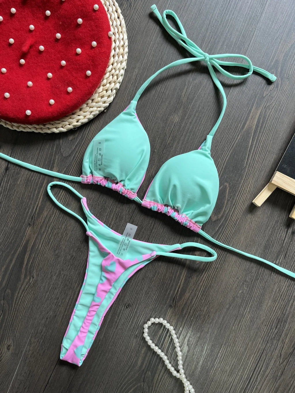 Heart printing backless split swimsuit in briefs style with bra and shorts