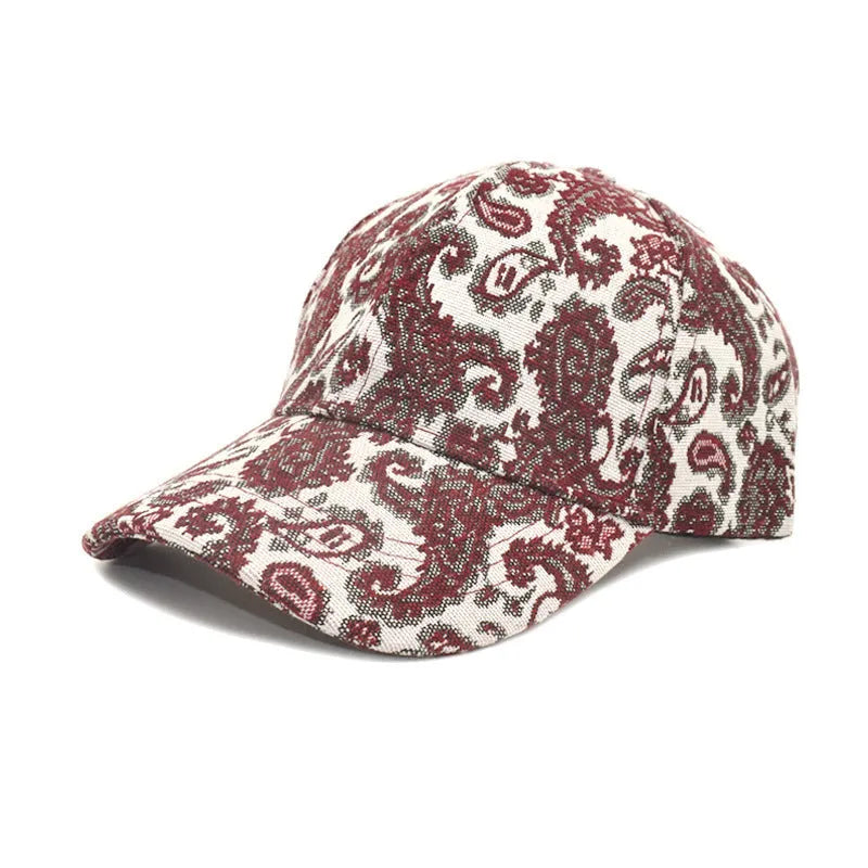 Polyester baseball cap with paisley pattern print in blue colour showing dome crown style