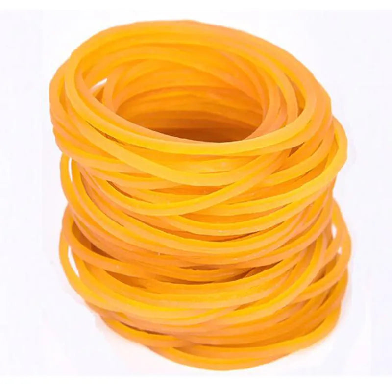 Yellow rubber bands in seven diameters from 16mm to 70mm, 500g pack for bundling and organising