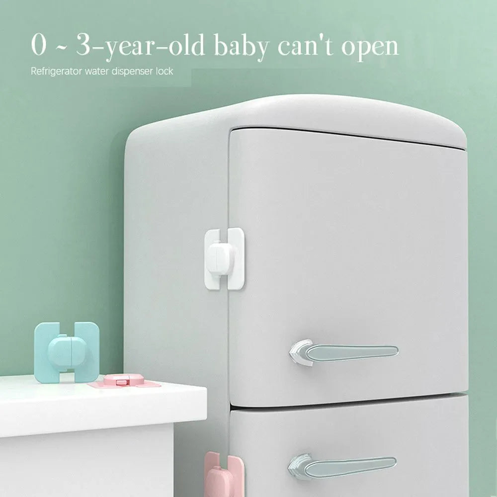 Grey and green adjustable adhesive child safety lock straps for cabinets and drawers.