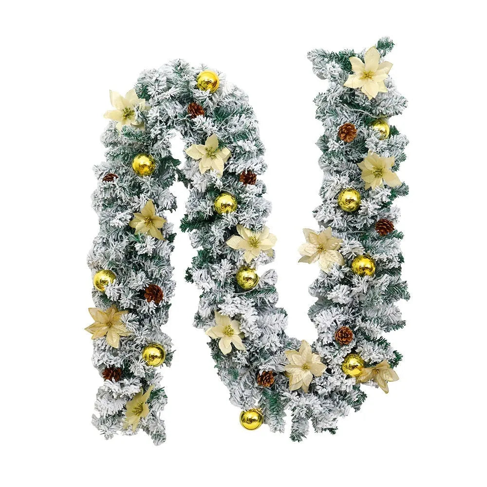 Christmas rattan garland with flocking decoration in golden colour, 240cm length, PVC material construction for festive display